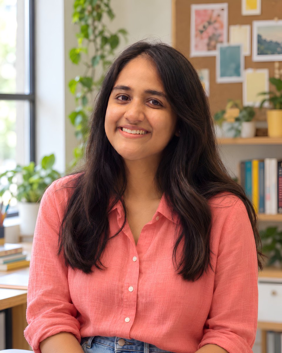 Vidhi Parmar, smiling, in a coral shirt